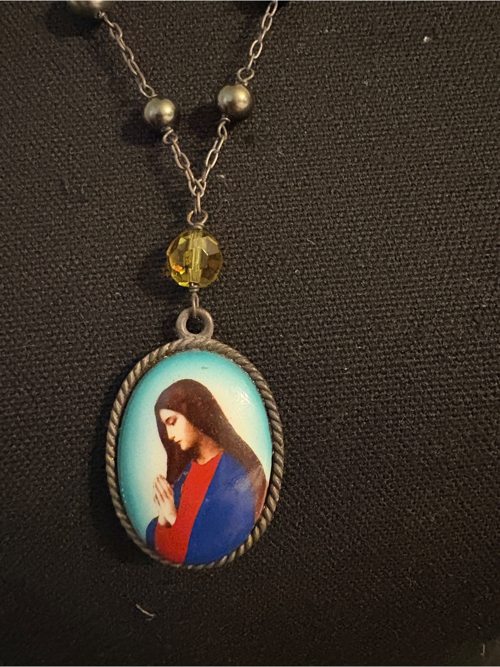 Religious Portrait Pendant Necklace in Turquoise and Red